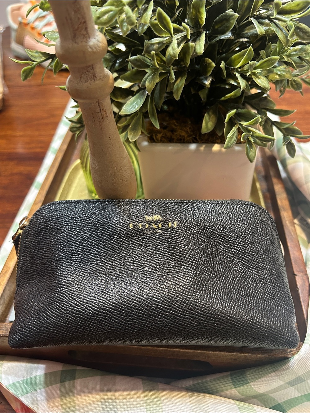 Coach Black Pebbled Leather Toiletry Pouch with Gold Logo